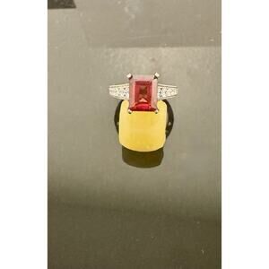 Large Garnet Sterling Silver Ring, Size 6.5, With Zircon Accent Stones